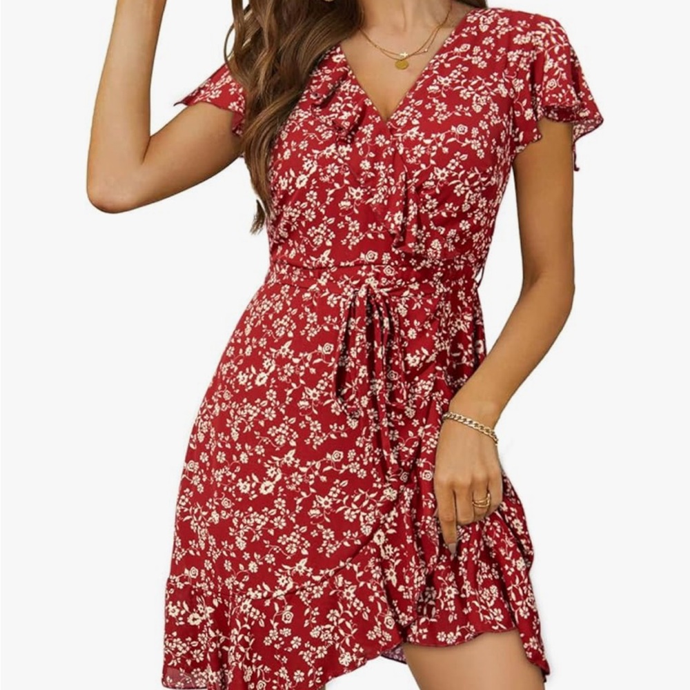 Dokotoo Womens Deep V Neck Ruffle Floral Flowy Mini Dress